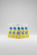 Three Lysol All Purpose Cleaner spray bottles in lemon scent arranged on a white shelf, with a large bottle of Lysol Multi-Problem Cleaner and Lemon Breeze also visible on the right.